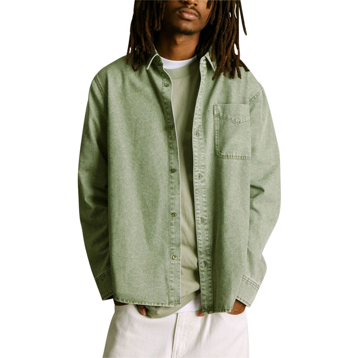 HUF Carson Overdyed Denim Long Sleeve Shirt - Olive