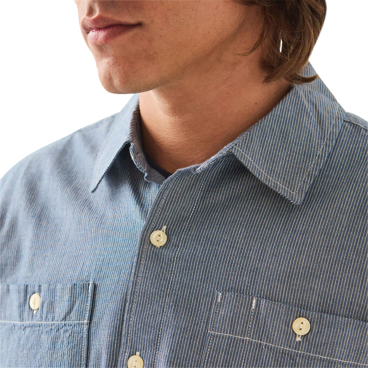 Brixton Trademark Long Sleeve Woven Shirt - Blue Chambray Micro Stripe