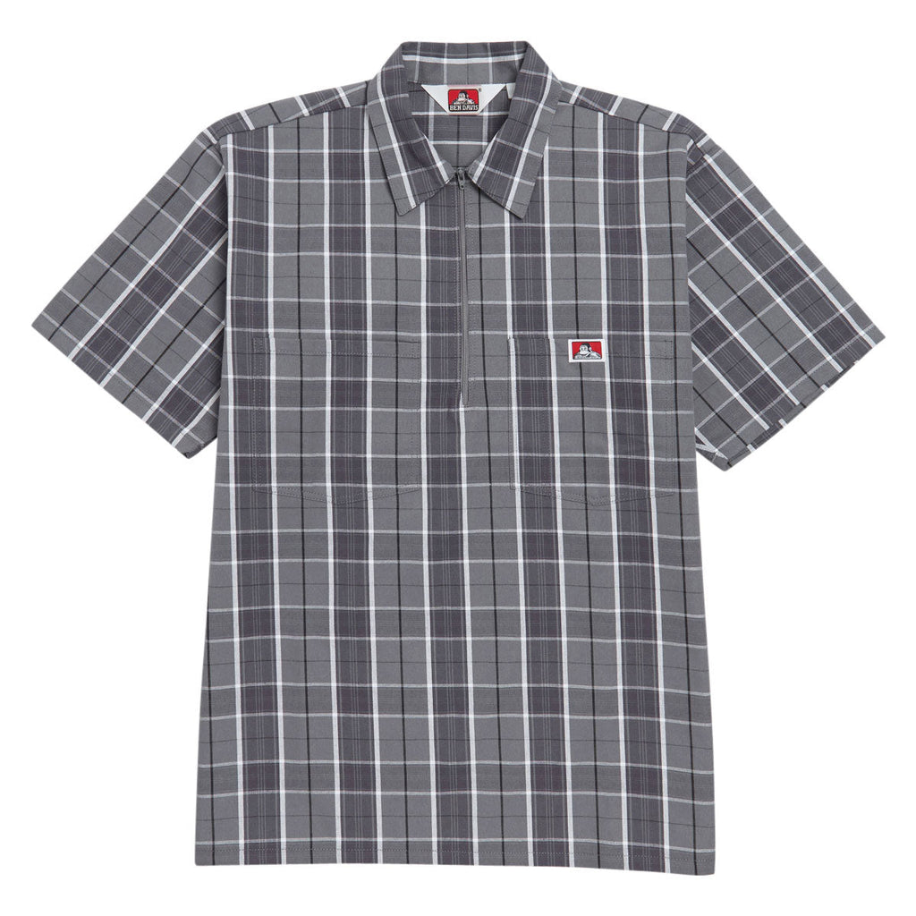 Ben Davis Short Sleeved Plaid 1/2 Zip Shirt - Grey/Black