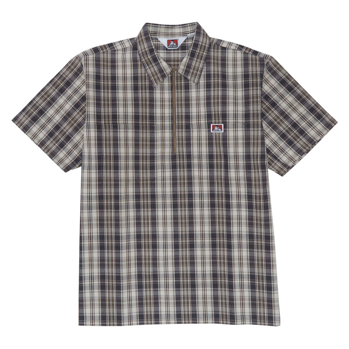 Ben Davis Short Sleeved Plaid 1/2 Zip Shirt - Khaki/Grey