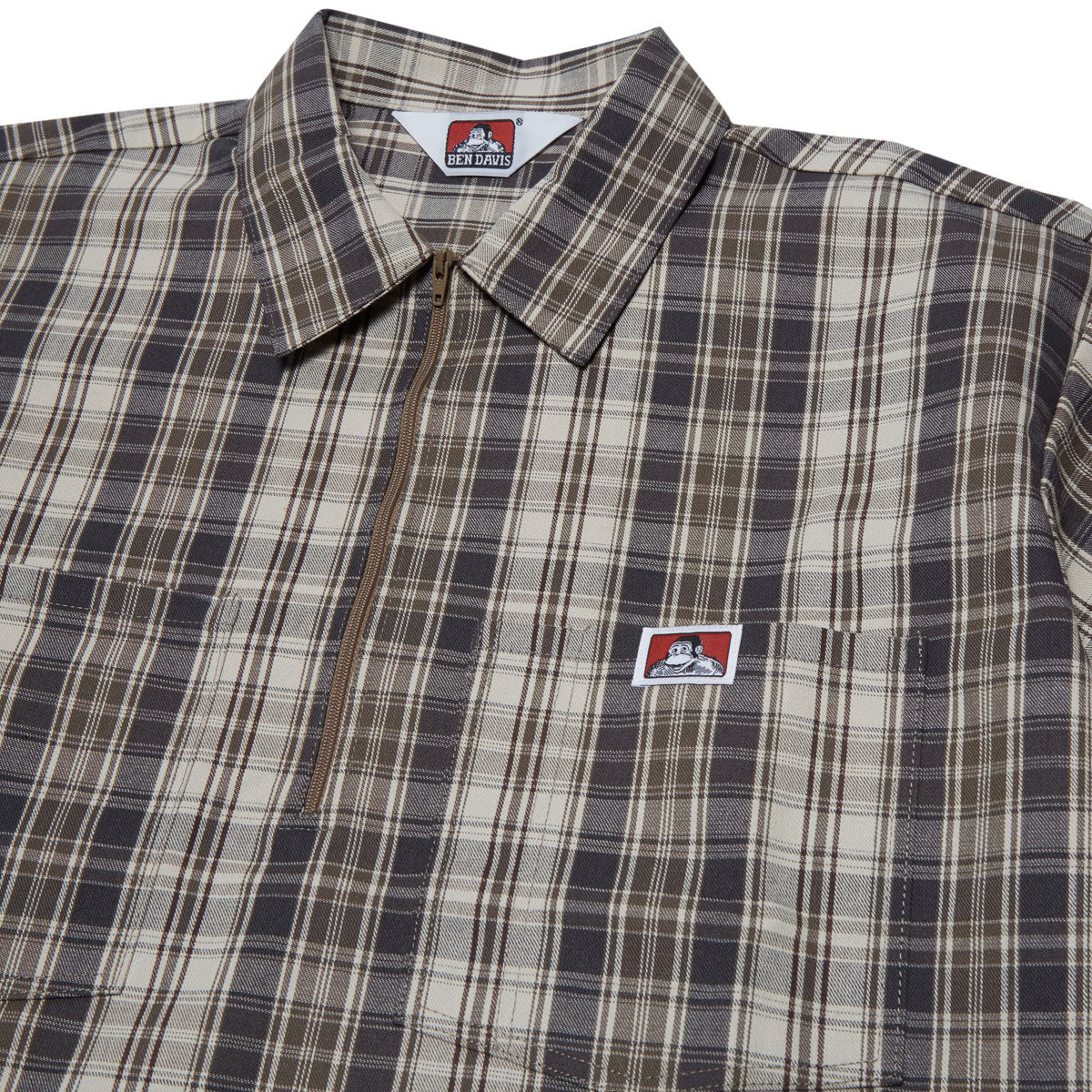 Ben Davis Short Sleeved Plaid 1/2 Zip Shirt - Khaki/Grey