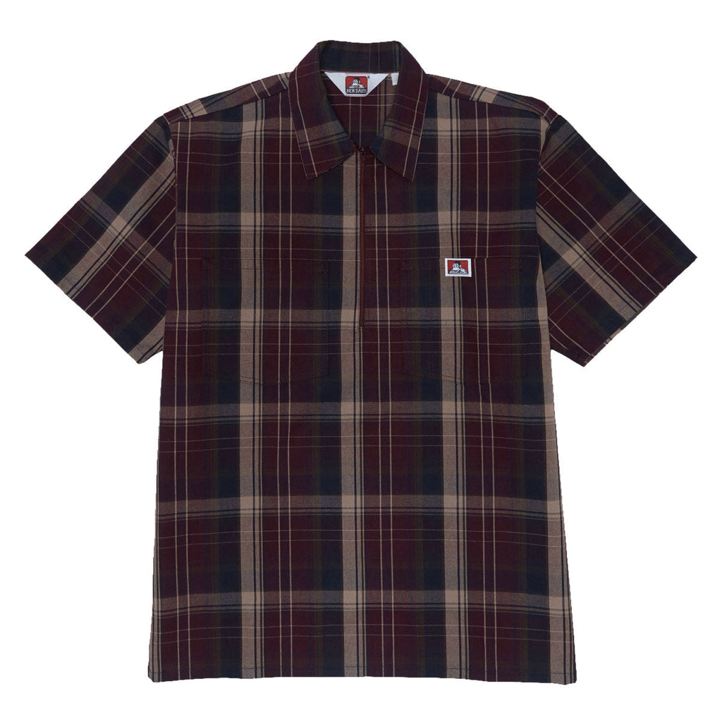 Ben Davis Short Sleeved Plaid 1/2 Zip Shirt - Burgundy