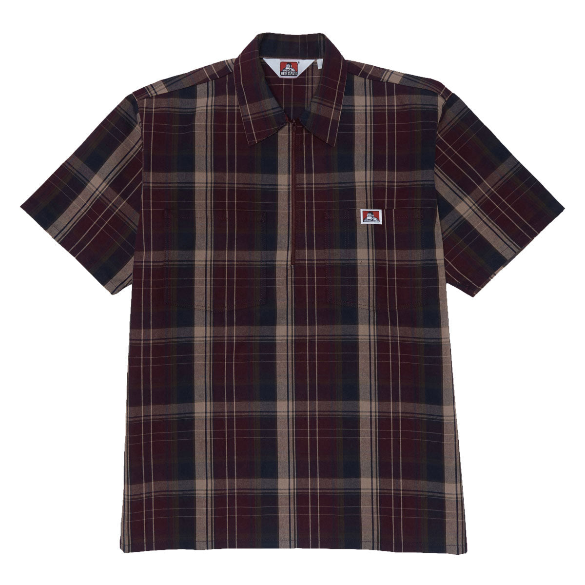 Ben Davis Short Sleeved Plaid 1/2 Zip Shirt - Burgundy