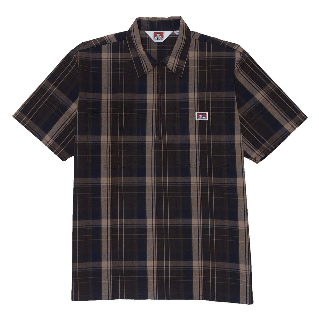 Ben Davis Short Sleeved Plaid 1/2 Zip Shirt - Brown