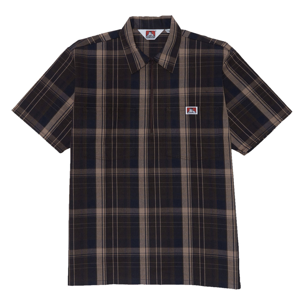 Ben Davis Short Sleeved Plaid 1/2 Zip Shirt - Brown