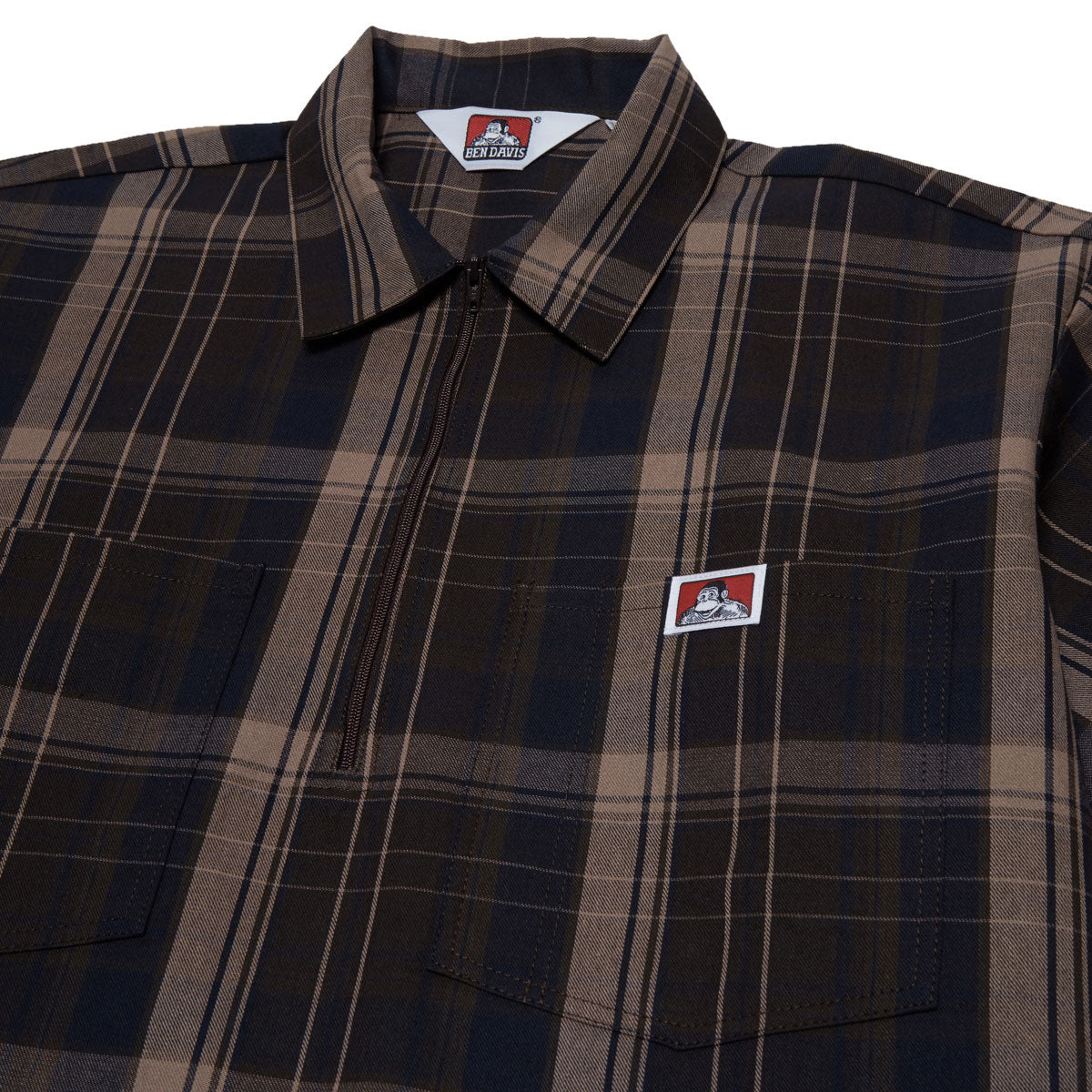 Ben Davis Short Sleeved Plaid 1/2 Zip Shirt - Brown