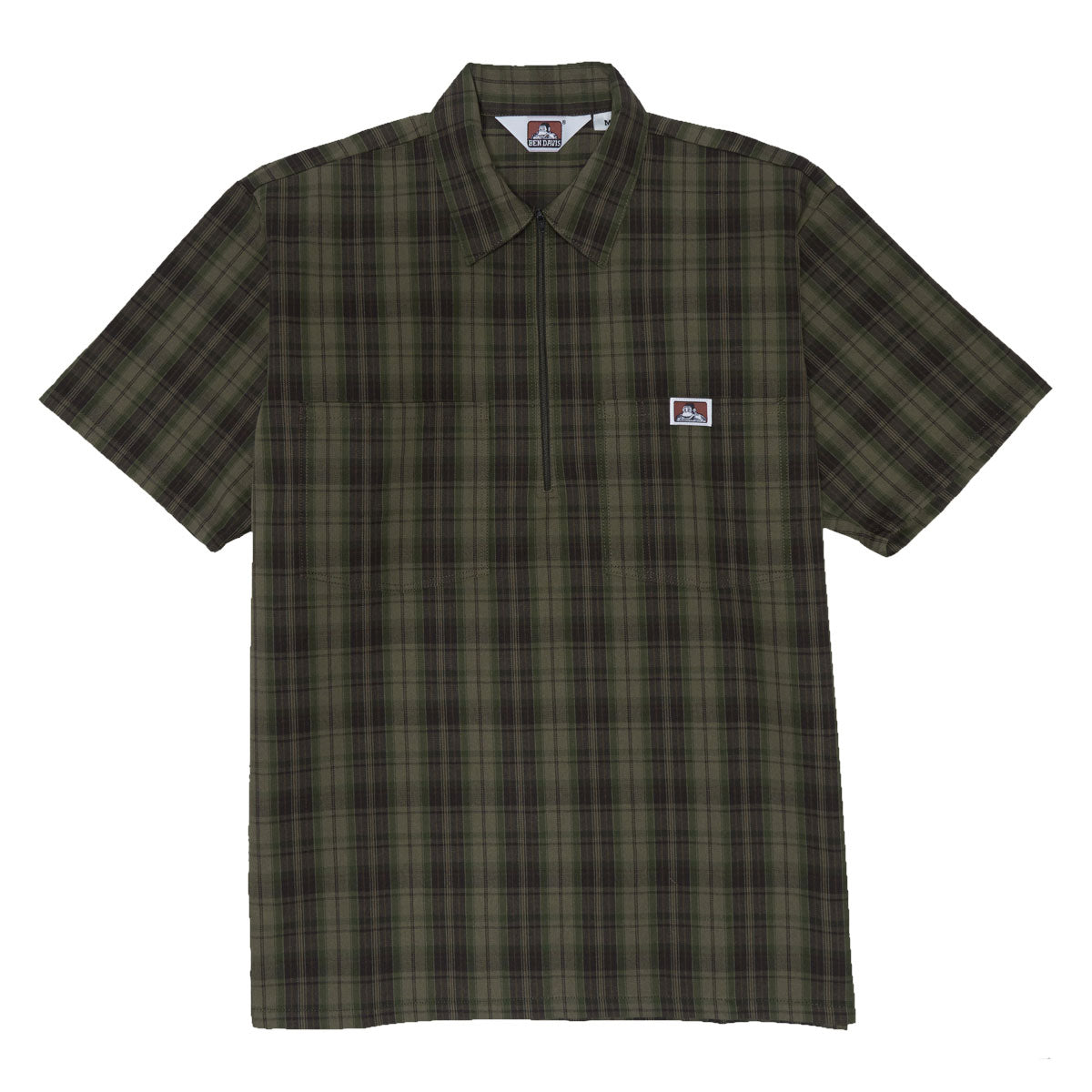 Ben Davis Short Sleeved Plaid 1/2 Zip Shirt - Olive