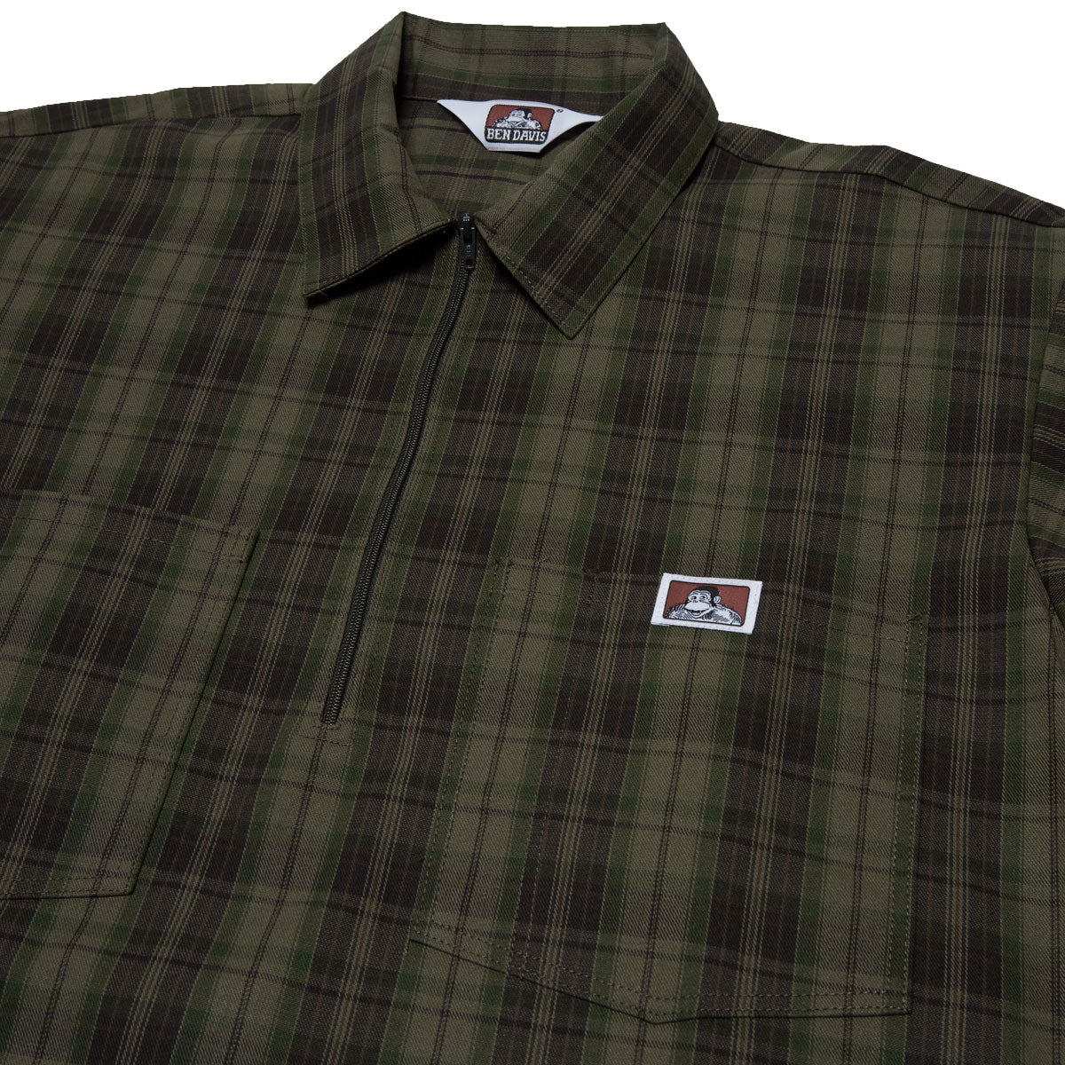 Ben Davis Short Sleeved Plaid 1/2 Zip Shirt - Olive