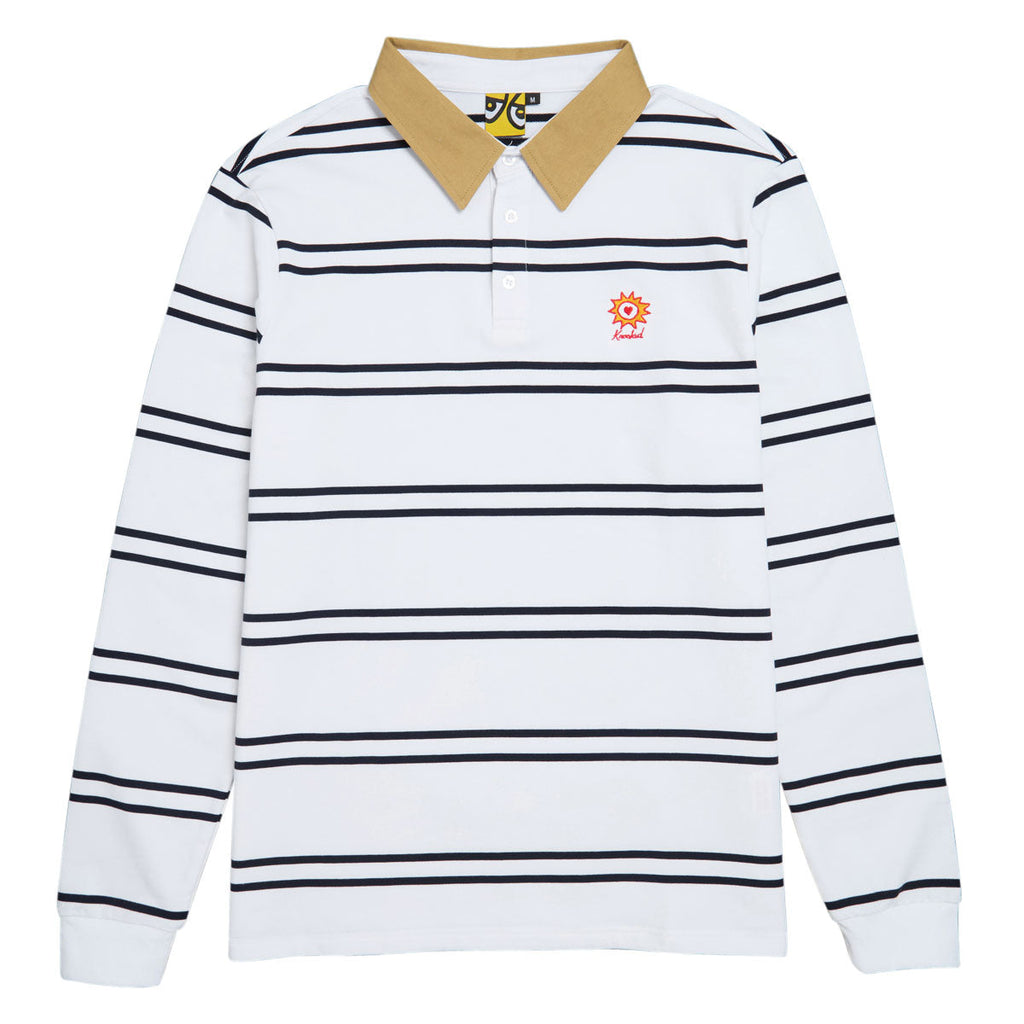 Krooked Sun Heart Long Sleeve Rugby Shirt - White/Navy/Yellow/Red Embroidery
