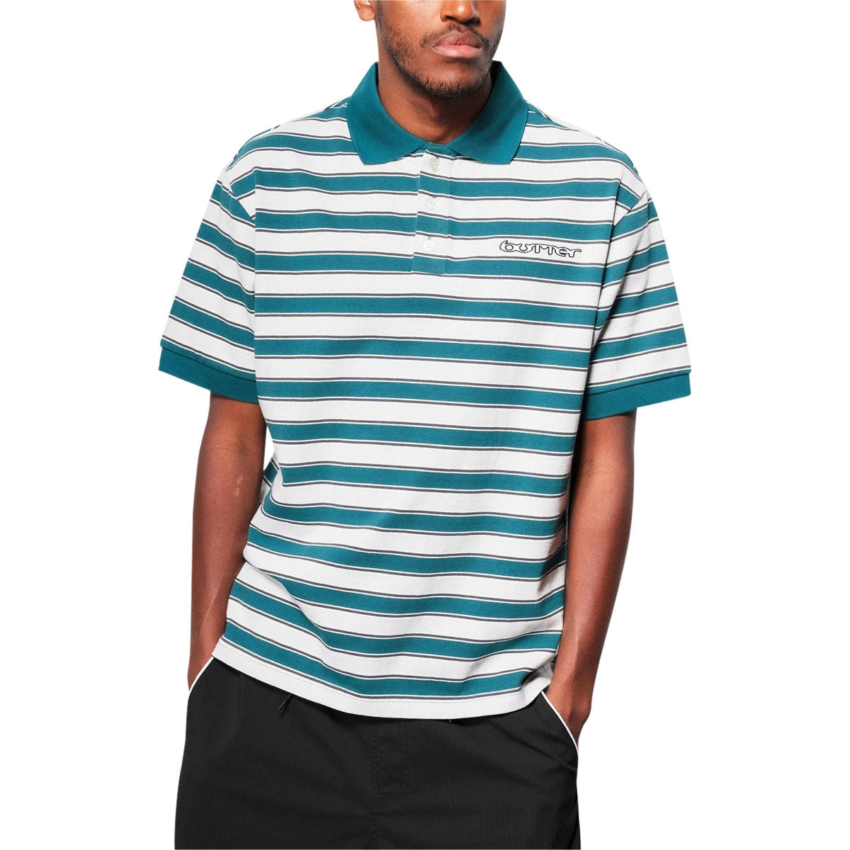 Butter Goods Witness Stripe Polo Shirt - Grey/Teal